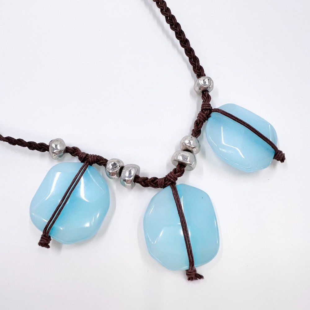 BOHO Vibes Baby Blue Dyed Quarts Braided Brown Cord 18” Necklace - Picture 7 of 7